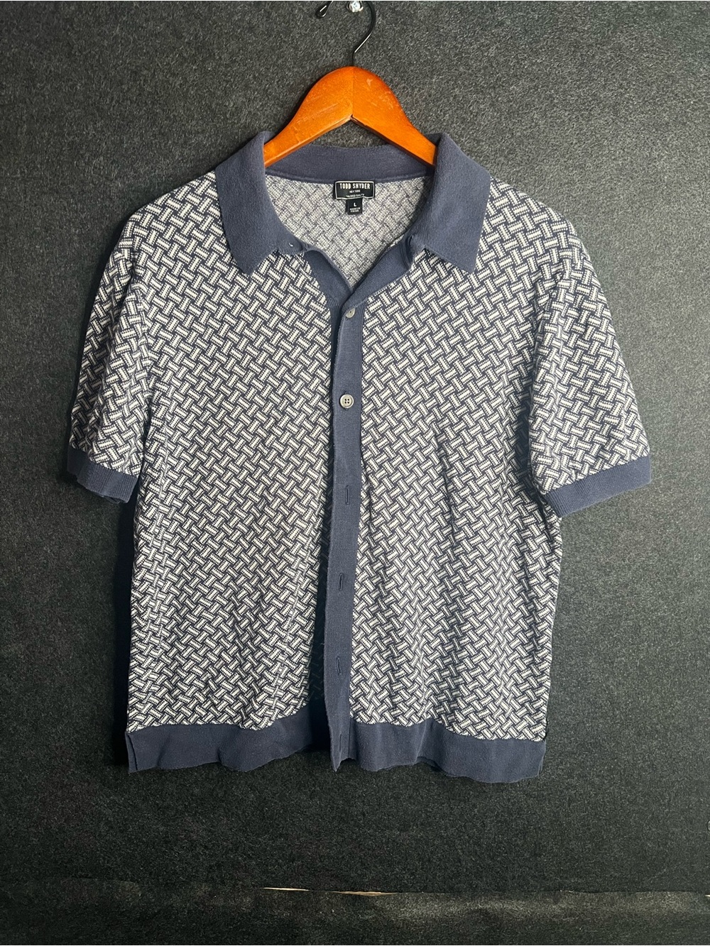Todd Snyder Jaquard Geometric Polo Button Shirt Men’s L Silk Blend Navy Woven